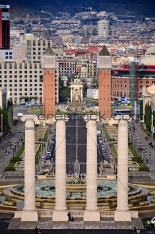 Four columns and Plaza de Espana, view from National Art Museum in Barcelona