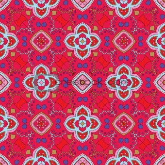 Floral pattern with swirls on a bright red background