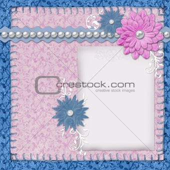 scrapbook layout in blue and pink colors with paper, pearls and 