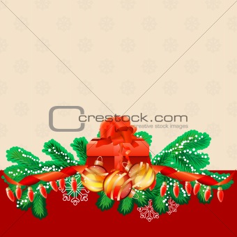 Christmas greeting card with gift box, garland and ribbon