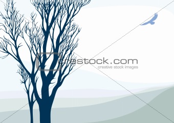 Landscape with flying eagle and tree.