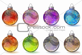 Different christmas glass balls with contour snowflakes
