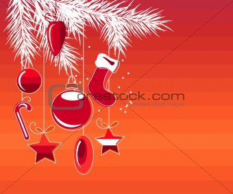 Red greeting card with hanging Christmas symbols