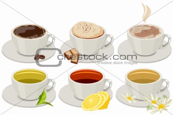 Set of cups with hot drinks. No gradients,no meshes