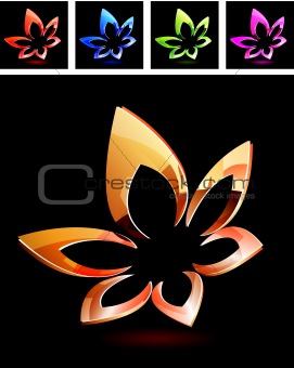 Abstract metal floral symbol on black background.