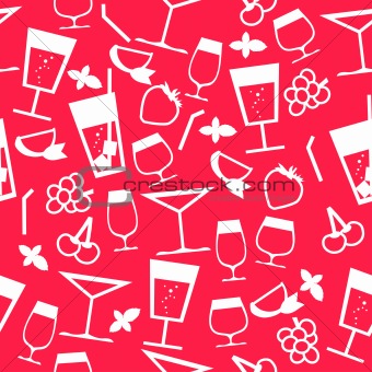 Seamless red pattern with different stylized cocktails