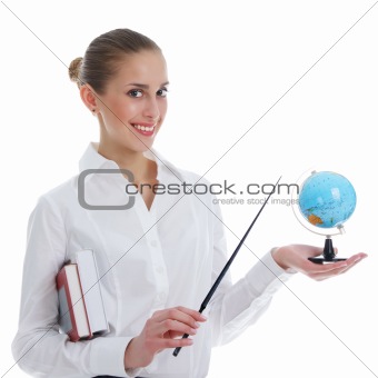 Girl studying a globe