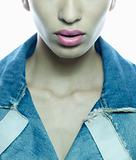 girl face and lips with jeans jacket