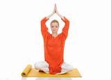 series or yoga photos. young meditating woman on yellow pilates 