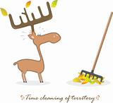 Funny elk and rake, vector illustration