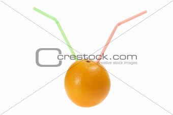 Orange with Drinking Straws on White Background