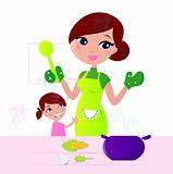 Mother cooking healthy food with child in kitchen 
