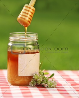 Jar of honey against nature background
