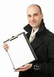 smiling businessman holds a blank paper sheet