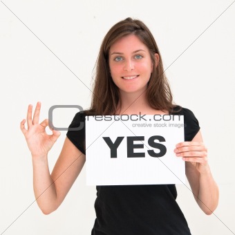 young woman with board yes 