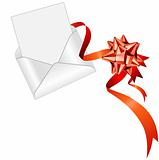 Blank open envelope with red silk ribbon