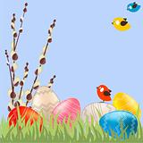 Easter background with pussy willow branches and eggs