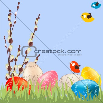 Easter background with pussy willow branches and eggs