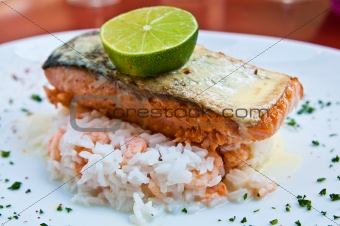 grilled salmon with sauce and lemon