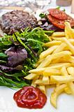 juicy steak beef meat with tomato and french fries 