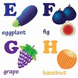 Alphabet letters E-H with fruits.