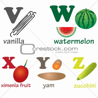 Alphabet letters V-Z with fruits.