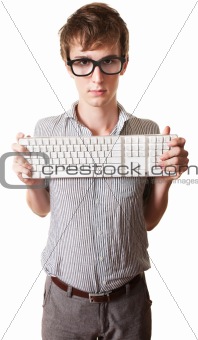 Teen Holds Computer Keyboard