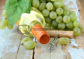 bottle of white wine, grapes, and a corkscrew on a natural background