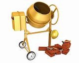 Clean new yellow concrete mixer with helmet, trowel and few bric