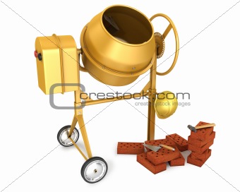 Clean new yellow concrete mixer with helmet, trowel and few bric