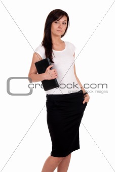 Portrait of successful business woman carrying laptop.