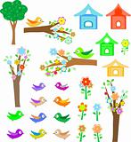Set birds with birdhouses, trees and flowers