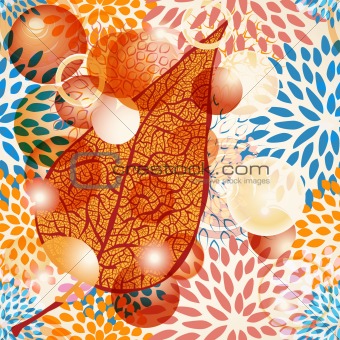 vector autumn leaf with bubbles on seamless floral pattern