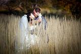 Kissing newlyweds in autumn field