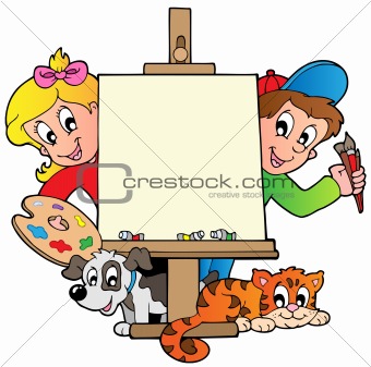 Cartoon kids with painting canvas