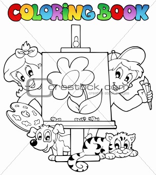 Coloring book with kids and canvas