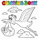 Coloring book with stork and baby