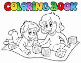 Coloring book with kids and bricks