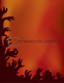 Crazy zombie fire party. Hands silhouettes.