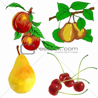 set of pear fruits cherry and peach