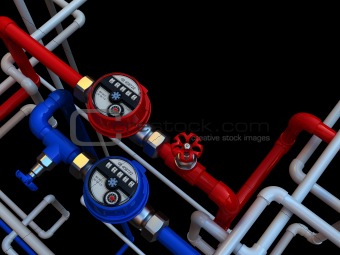 communication of water meters and taps on a black background