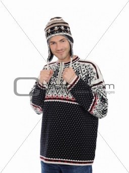 expressions. Funny winter man in warm hat and clothes. isolated 