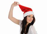 Funny pretty casual santa claus woman with red christmas hat.