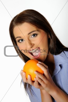 young beautiful woman with citrus orange fruit. isolated