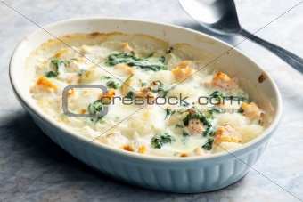 baked gnocchi with salmon and spinach