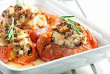 baked tomatoes with chicken meat and mushrooms