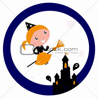 Halloween castle with Witch Girl flying around Moon

