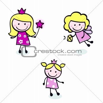 Cute doodle Princess & Fairy stitch figures set isolated on white