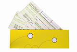 Airtickets to yellow envelope on white background