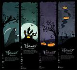 Vector Set of four grunge Halloween banners. Standard size. Grim reaper, haunted castle, spooky pumpkins and scary ghosts on the graveyard.